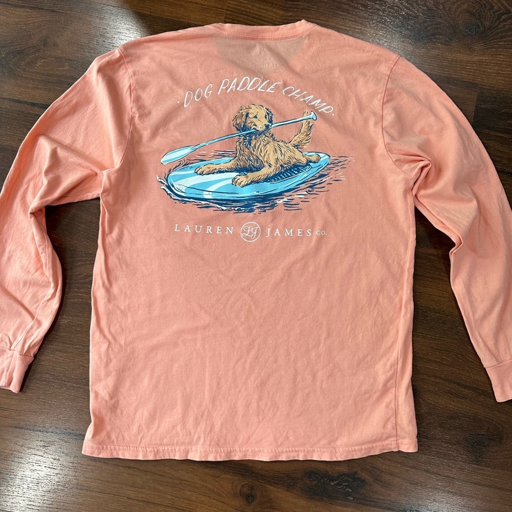 Lauren James Dog Paddle Champ front pocket long sleeve tee Sz S coral color